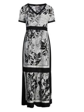 PUROTATTO 100% Linen Black & White Botanical V-Neck Maxi Dress LIKE NEW 42/10
